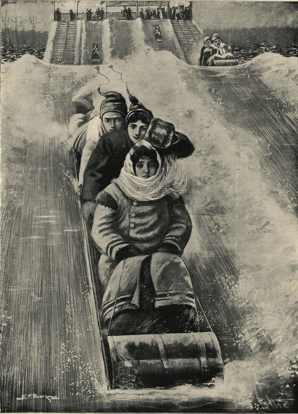 Canadian winter sports: tobogganing at Montreal. Quebec 1901 old antique print